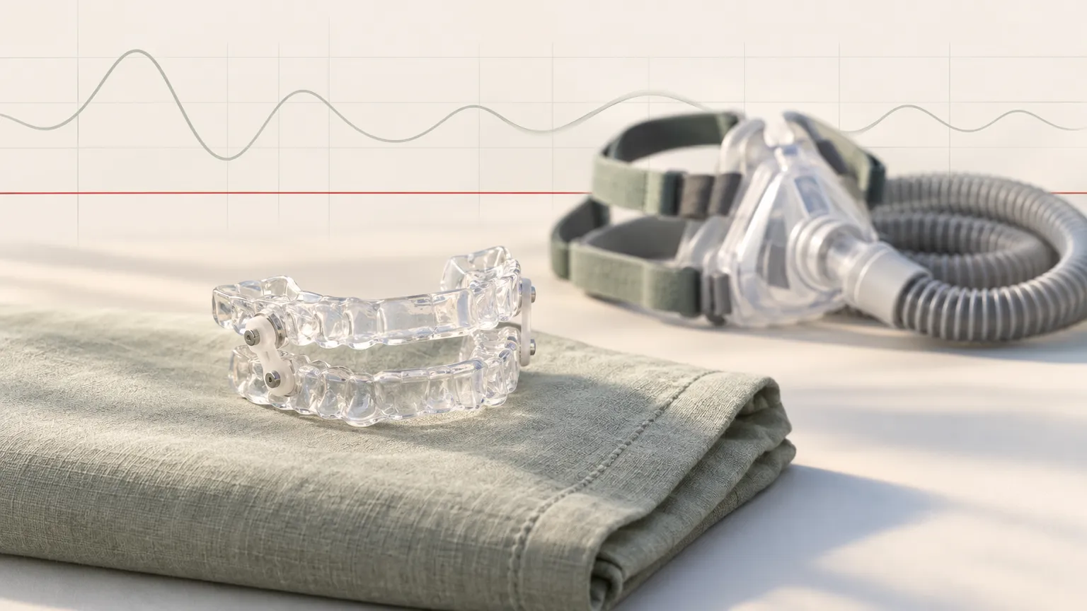 Custom oral appliance for sleep apnea beside a CPAP mask, oral appliance therapy at Above & Beyond Dental in Borger, TX