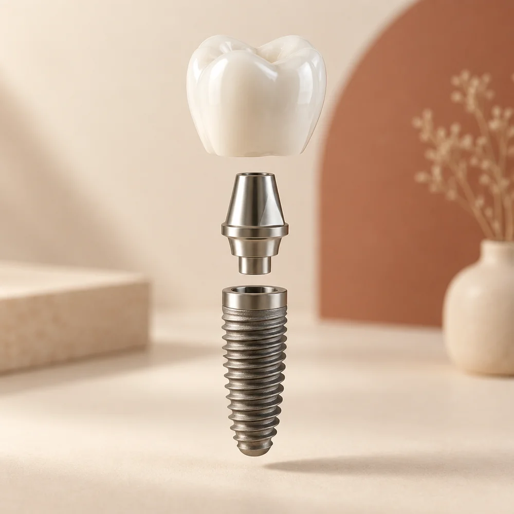 Conceptual exploded illustration of a dental implant's porcelain crown, connecting abutment, and threaded implant fixture