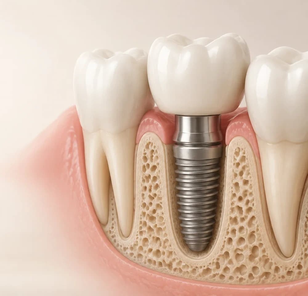 Conceptual cutaway illustration of a dental implant supporting a crown in the jaw alongside natural teeth